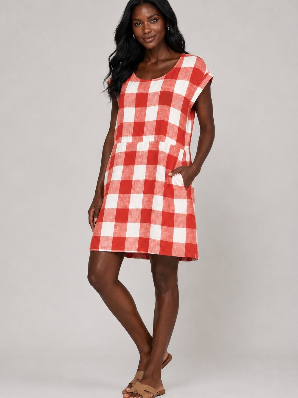 Downeast casual shirt-sleeve shift dress- red & white buffalo check gingham